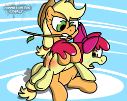 Size: 1000x800 | Tagged: safe, artist:pokefound, apple bloom, applejack, earth pony, pony, g4, abuse, bow, butt, butt blush, cowboy hat, crying, dock, female, filly, hair bow, hat, mare, mouth hold, open mouth, plot, punishment, sisters, sitting, spanking, stetson, stick, switch, tears of pain, whip marks