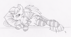 Size: 1000x519 | Tagged: safe, artist:dfectivedvice, twilight sparkle, alicorn, pony, g4, clothes, female, grayscale, mare, monochrome, on side, pillow, socks, solo, striped socks, twilight sparkle (alicorn)