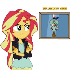 Size: 720x705 | Tagged: safe, sunset shimmer, human, octopus, equestria girls, g4, employee of the month, female, hat, krusty krab hat, male, meme, simple background, solo, spongebob squarepants, squidward tentacles, sunset's picture frame, transparent background, vector