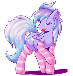 Size: 4500x4668 | Tagged: safe, artist:graphene, cloudchaser, pegasus, pony, g4, absurd resolution, clothes, cute, cutechaser, ear fluff, female, mare, one eye closed, socks, solo, striped socks, tongue out, wink