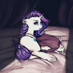 Size: 1500x1500 | Tagged: safe, artist:kira-minami, opalescence, rarity, pony, unicorn, g4, female, floppy ears, looking at you, mare, messy mane, pillow, prone, underhoof