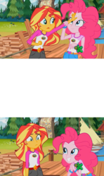 Size: 1366x2304 | Tagged: safe, edit, edited screencap, screencap, pinkie pie, sunset shimmer, equestria girls, legend of everfree, discovery kids, exploitable, meme, sunset sees things, template