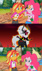 Size: 1366x2304 | Tagged: safe, lord tirek, pinkie pie, sunset shimmer, equestria girls, g4, my little pony equestria girls: legend of everfree, discovery kids, exploitable meme, lady tirek, meme, midriff, rule 63, sunset sees things, vector