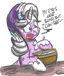 Size: 1488x1762 | Tagged: safe, artist:flutterthrash, starlight glimmer, pony, unicorn, every little thing she does, g4, 30 minute art challenge, black sabbath, cocaine, dialogue, drugs, female, flour, mare, open mouth, simple background, solo, song reference, white background
