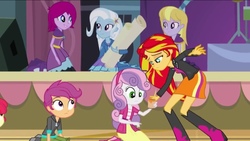 Size: 1136x640 | Tagged: safe, screencap, apple bloom, fuchsia blush, lavender lace, scootaloo, sunset shimmer, sweetie belle, trixie, equestria girls, g4, my little pony equestria girls: rainbow rocks, cutie mark crusaders, female, trixie and the illusions