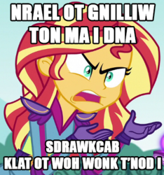 Size: 365x390 | Tagged: safe, sunset shimmer, equestria girls, g4, my little pony equestria girls: friendship games, backwards, exploitable meme, image macro, meme, op is a genius, op is a swan, subverted meme, sunset is not willing to learn