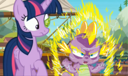 Size: 2284x1348 | Tagged: safe, edit, edited screencap, screencap, spike, twilight sparkle, alicorn, pony, g4, ppov, dragon ball, dragon ball z, ms paint, scouter, super saiyan, twilight sparkle (alicorn)