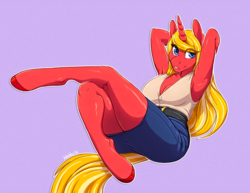 Size: 1657x1280 | Tagged: safe, artist:hobbsmeerkat, oc, oc only, oc:scarlet rose, unicorn, anthro, unguligrade anthro, armpits, busty scarlet rose, clothes, crossed legs, denim skirt, looking at you, simple background, skirt, smiling, solo