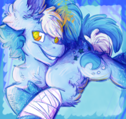 Size: 2086x1965 | Tagged: safe, artist:php166, oc, oc only, oc:firelight, ghost, pony, unicorn, bandage, cutie mark, horn, lying down, magic, male, mind control, solo, stallion, swirly eyes