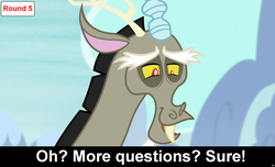 Size: 1600x973 | Tagged: safe, discord, draconequus, comic:celestia's servant interview, g4, caption, cs captions, interview, male, solo