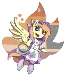 Size: 895x1046 | Tagged: safe, artist:rayhiros, oc, oc only, oc:golden spirit, pegasus, pony, clothes, coffee, equine, legwear, looking at you, maid, multicolored hair, purple eyes, simple background, socks, solo, stockings, thigh highs, transparent background, two toned mane, uniform, wings