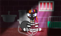 Size: 2000x1200 | Tagged: safe, artist:spellboundcanvas, oc, oc only, oc:blackborn, angry, ball and chain, bed, clothes, prison, prison outfit, prison stripes, prisoner, scar, shackles, sink, sitting, solo, toilet, window