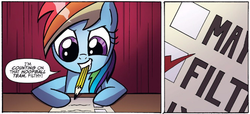 Size: 659x300 | Tagged: safe, artist:agnes garbowska, idw, official comic, rainbow dash, pony, g4, spoiler:comic46, ballot, comic, cropped, female, mare, mouth hold, pencil, solo, speech bubble