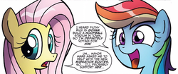 Size: 669x281 | Tagged: safe, artist:agnes garbowska, idw, official comic, fluttershy, rainbow dash, pony, g4, spoiler:comic46, cropped, duo, female, mare, open mouth, simple background, speech bubble, white background