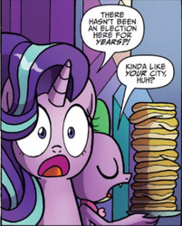 Size: 306x380 | Tagged: safe, artist:agnes garbowska, idw, official comic, spike, starlight glimmer, dragon, pony, unicorn, g4, spoiler:comic, spoiler:comic46, burn, cropped, duo, eyes closed, female, food, male, mare, pancakes, rude, speech bubble, surprised