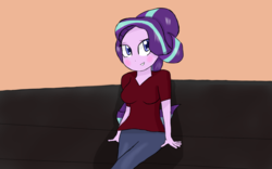 Size: 1920x1200 | Tagged: safe, artist:mildockart, starlight glimmer, equestria girls, g4, blushing, breasts, clothes, cute, equestria girls-ified, female, glimmerbetes, pants, sitting, solo