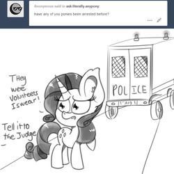 Size: 1280x1280 | Tagged: safe, artist:pastelhorses, rarity, g4, arrested, ask, ask-literally-anypony, female, grayscale, monochrome, police, solo, tumblr, van