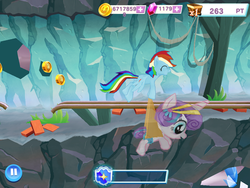 Size: 1024x768 | Tagged: safe, gameloft, princess flurry heart, rainbow dash, alicorn, pegasus, pony, g4, baby, baby pony, female, mare, size problem