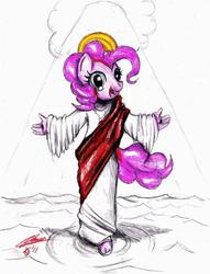 Size: 820x1073 | Tagged: safe, artist:mrzash, pinkie pie, earth pony, anthro, plantigrade anthro, g4, 2011, christianity, context is for the weak, female, halo, jesus christ, looking at you, pinkie pie is god, pinkie pious, religious headcanon, sketch, solo, walking on water, what has science done