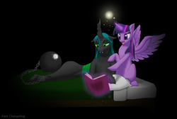Size: 1652x1110 | Tagged: safe, artist:axelchangeling, queen chrysalis, twilight sparkle, alicorn, changeling, changeling queen, pony, fanfic:torn of harmony, g4, ball and chain, bed, bittersweet, book, chains, cute, cutealis, dark, duo, duo female, fanfic, fanfic art, female, imprisoned, jail, magic, pillow, reading, redemption, reformed, sad, twiabetes, twilight sparkle (alicorn)