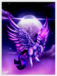 Size: 1024x1365 | Tagged: dead source, safe, artist:crazydragonqueen, twilight sparkle, alicorn, pony, g4, eyes closed, female, flying, glowing horn, horn, mare in the moon, moon, night, sky, solo, spread wings, twilight sparkle (alicorn)