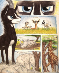 Size: 1068x1332 | Tagged: safe, artist:thefriendlyelephant, oc, oc only, oc:lesotho, oc:mmiri, oc:nuk, oc:obi, oc:sabe, oc:salma, oc:zeka, antelope, elephant, gazelle, gerenuk, giant sable antelope, giraffe, rhinoceros, springbok, comic:sable story, acacia tree, africa, animal in mlp form, cloven hooves, comic, horns, majestic, rock, savanna, tree