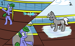 Size: 1280x800 | Tagged: safe, artist:saria the frost mage, oc, oc only, oc:clover patch, oc:silverwind (a foal's adventure), earth pony, pony, unicorn, a foal's adventure, aiming, angry, arrow, belt, bow (weapon), bow and arrow, bubble, child, cutie mark, cyoa, female, fight, filly, firing, frown, horn, ice, knife, magic, ocean, one eye closed, pirate, pirate ship, railing, ship, shocked, sparring, story included, weapon, wood
