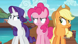 Size: 1777x1000 | Tagged: safe, screencap, applejack, pinkie pie, rarity, pony, g4, ppov, discovery family logo, grumpy, unamused