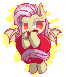 Size: 2600x3000 | Tagged: safe, artist:malphee, fluttershy, bat pony, pony, g4, apple, chibi, female, flutterbat, food, high res, race swap, solo