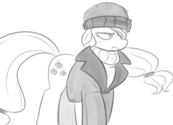 Size: 1218x881 | Tagged: source needed, safe, artist:reiduran, applejack, g4, ppov, captain jackbeard, clothes, female, frown, monochrome, solo, unamused