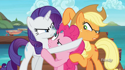 Size: 1777x998 | Tagged: safe, screencap, applejack, pinkie pie, rarity, pony, g4, ppov, angry, discovery family logo, nose wrinkle, seaward shoals