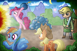 Size: 3000x2000 | Tagged: safe, artist:cryptmonkey, applejack, pinkie pie, rainbow dash, g4, bombs, crossover, link, the legend of zelda