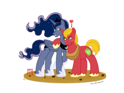 Size: 1200x900 | Tagged: safe, artist:m2cool, big macintosh, princess luna, alicorn, earth pony, pony, g4, blushing, female, heart, hug, male, mare, ship:lunamac, shipping, simple background, stallion, straight, transparent background