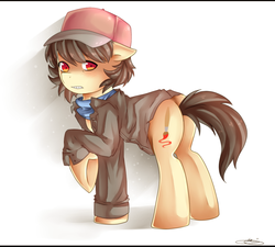 Size: 935x843 | Tagged: safe, artist:meewin, oc, oc only, oc:moon bristle, butt, cap, clothes, floppy ears, hat, jacket, looking at you, plot, raised hoof, scared, scarf, solo