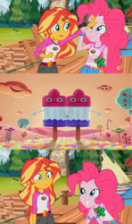 Size: 1366x2304 | Tagged: safe, edit, edited screencap, screencap, pinkie pie, sunset shimmer, equestria girls, g4, my little pony equestria girls: legend of everfree, discovery kids, meme, sponge out of water, spongebob squarepants, sunset sees things