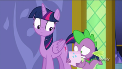 Size: 1280x720 | Tagged: safe, screencap, spike, twilight sparkle, alicorn, pony, g4, ppov, discovery family logo, duo, gritted teeth, looking down, note, twilight sparkle (alicorn)