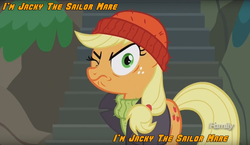 Size: 1610x933 | Tagged: safe, screencap, applejack, earth pony, pony, g4, ppov, captain jackbeard, discovery family logo, female, looking at you, mare, popeye, solo