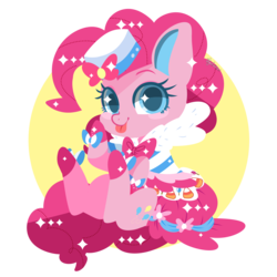 Size: 2449x2449 | Tagged: safe, artist:snow angel, pinkie pie, earth pony, pony, g4, blush sticker, blushing, chibi, clothes, cute, diapinkes, dignified wear, dress, female, gala dress, high res, looking at you, raspberry, solo, starry eyes, tongue out, wingding eyes