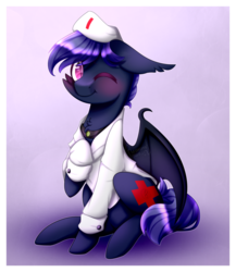 Size: 1280x1477 | Tagged: safe, artist:reavanna, oc, oc only, oc:shaddie quindecim, bat pony, pony, blushing, cute, nurse, one eye closed, sitting, solo, wink