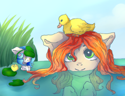 Size: 1024x785 | Tagged: safe, artist:alka-pony2, oc, oc only, duck, pony, lilypad, starry eyes, wingding eyes