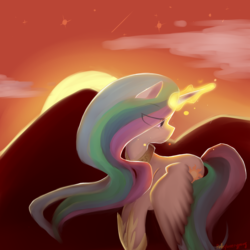 Size: 3000x3000 | Tagged: safe, artist:pinkglitterypony, artist:vermillionyris, princess celestia, pony, g4, female, glowing horn, high res, horn, magic, solo, sun work