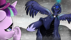 Size: 3500x2000 | Tagged: safe, artist:azerta56, princess luna, snowfall frost, spirit of hearth's warming yet to come, starlight glimmer, a hearth's warming tail, g4, blizzard, cloak, clothes, high res, magic, scene interpretation, snow, snowfall, spread wings, underhoof