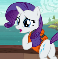 Size: 704x718 | Tagged: safe, screencap, rarity, pony, unicorn, g4, ppov, butt, cropped, female, lifejacket, looking back, mare, open mouth, plot, solo