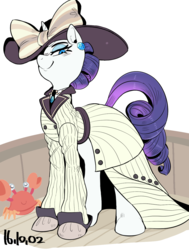 Size: 949x1253 | Tagged: safe, artist:nekubi, rarity, skuttles the crab, crab, pony, unicorn, g4, ppov, boat, classy, clothes, dress, female, hat, looking at you, mare, raristocrat, rose dewitt bukater, titanic