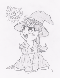 Size: 768x1000 | Tagged: safe, artist:dfectivedvice, twilight sparkle, pony, unicorn, g4, blushing, clothes, cute, female, filly, grayscale, hat, magic, monochrome, robe, sitting, solo, telekinesis, twiabetes, wizard hat, wizard robe