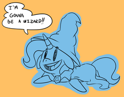 Size: 1280x1003 | Tagged: safe, artist:benja, trixie, pony, unicorn, g4, beady eyes, cape, clothes, cute, dialogue, diatrixes, female, filly, floppy ears, hat, limited palette, open mouth, orange background, prone, simple background, smiling, solo, speech, speech bubble, trixie's cape, trixie's hat, witch hat