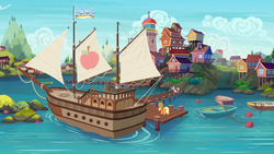 Size: 1920x1080 | Tagged: safe, screencap, applejack, pinkie pie, rarity, whale trotter, pony, g4, ppov, boat, british columbia, devon cody, flag, harbor, lighthouse, ocean, scenery, seaward shoals, ship, town