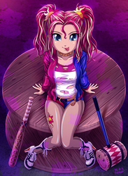 Size: 1000x1366 | Tagged: safe, artist:uotapo, sunset shimmer, equestria girls, g4, adorasexy, alternate hairstyle, baseball bat, belly button, braless, clothes, colored pupils, cosplay, costume, cute, dc comics, female, fishnet stockings, gotham city, harley quinn, looking at you, looking up, mallet, sexy, solo, suicide squad, sunset quinn, tongue out, torn clothes