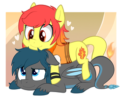Size: 930x729 | Tagged: safe, artist:higglytownhero, oc, oc only, bat pony, earth pony, pony, cute, duo, floppy ears, heart, looking at each other, lying, lying on top of someone, pony pile, prone, unshorn fetlocks