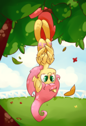 Size: 3204x4721 | Tagged: safe, artist:luxaestas, fluttershy, g4, behaving like a bat, cute, female, hanging, prehensile tail, shyabetes, solo, tree, upside down